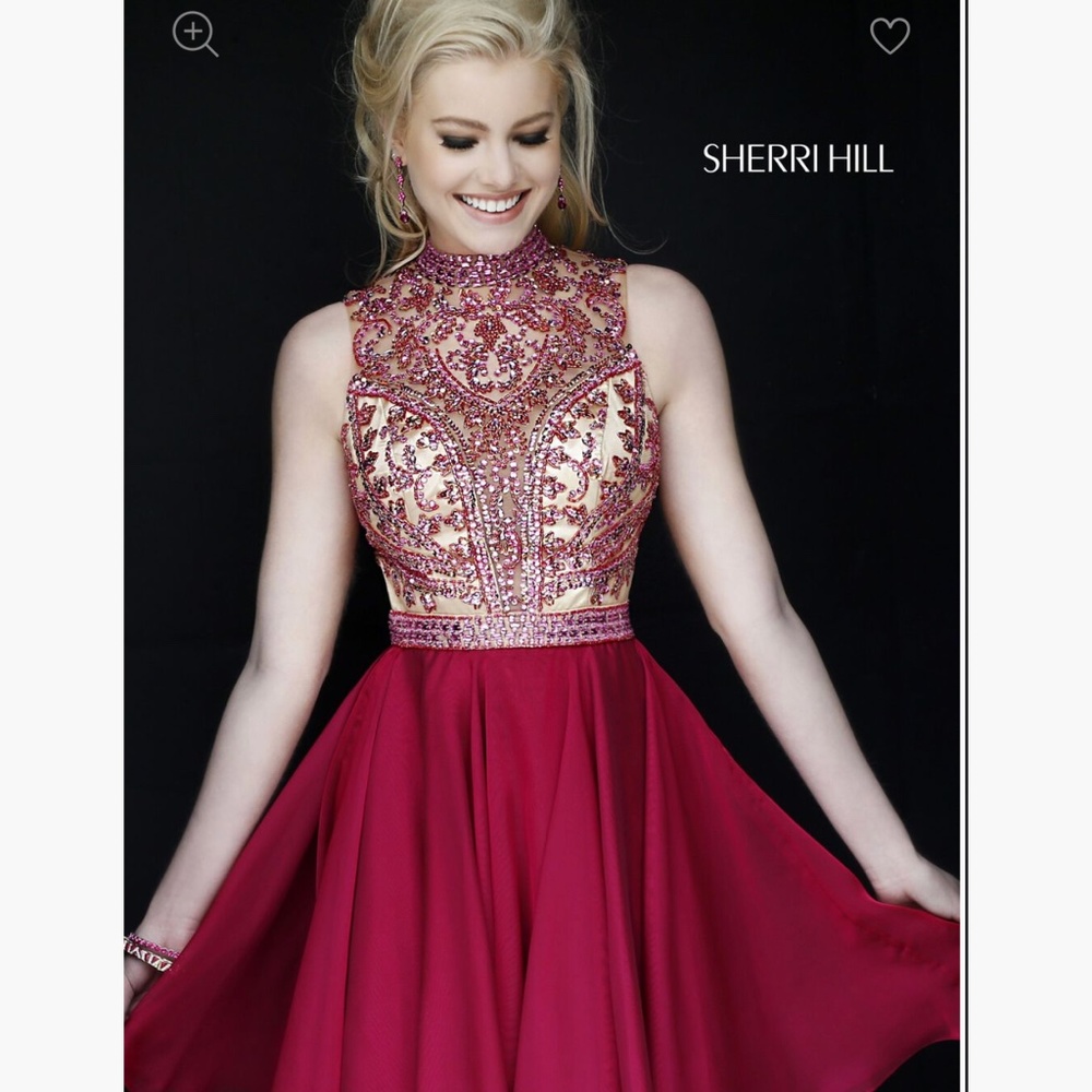 Sherri Hill Fuchsia and Gold Beaded High-Neck Prom Dress